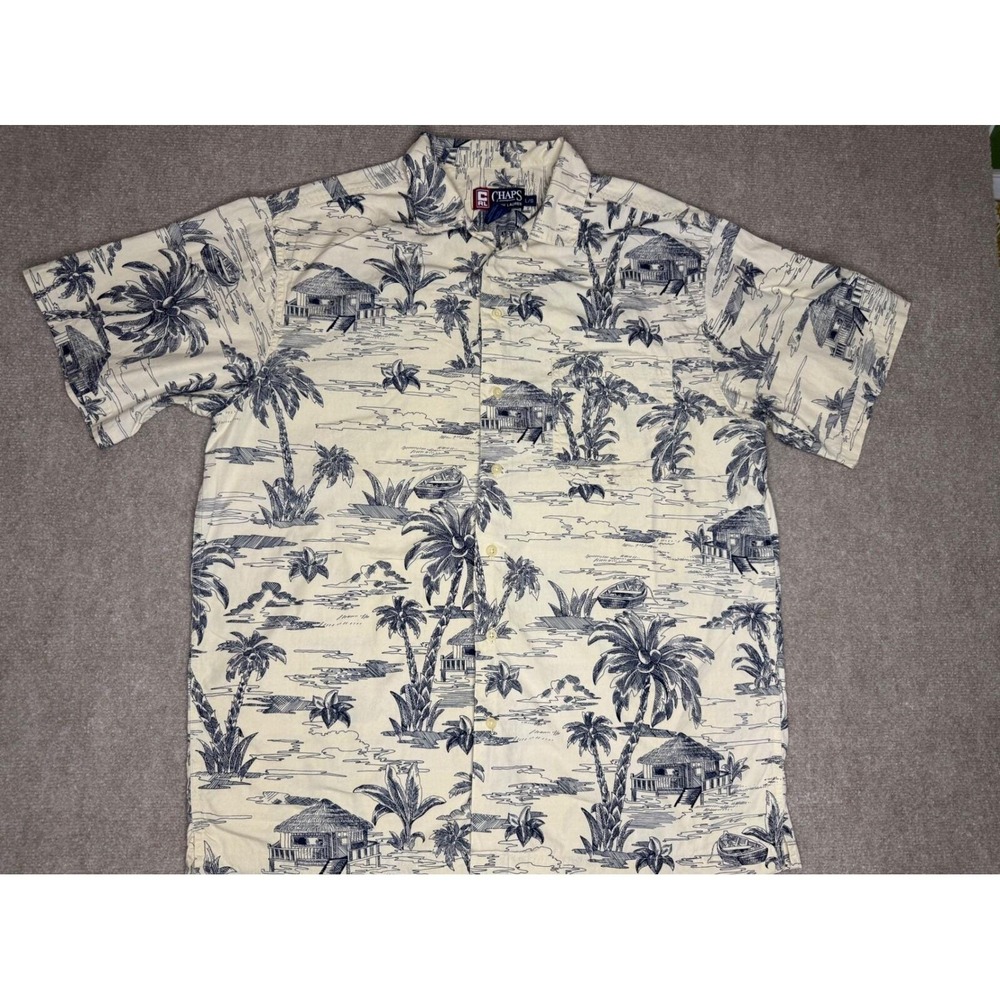 Chaps Ralph Lauren Vintage‎ L Beige/Blue Aloha Tropical Island Camp Shirt
